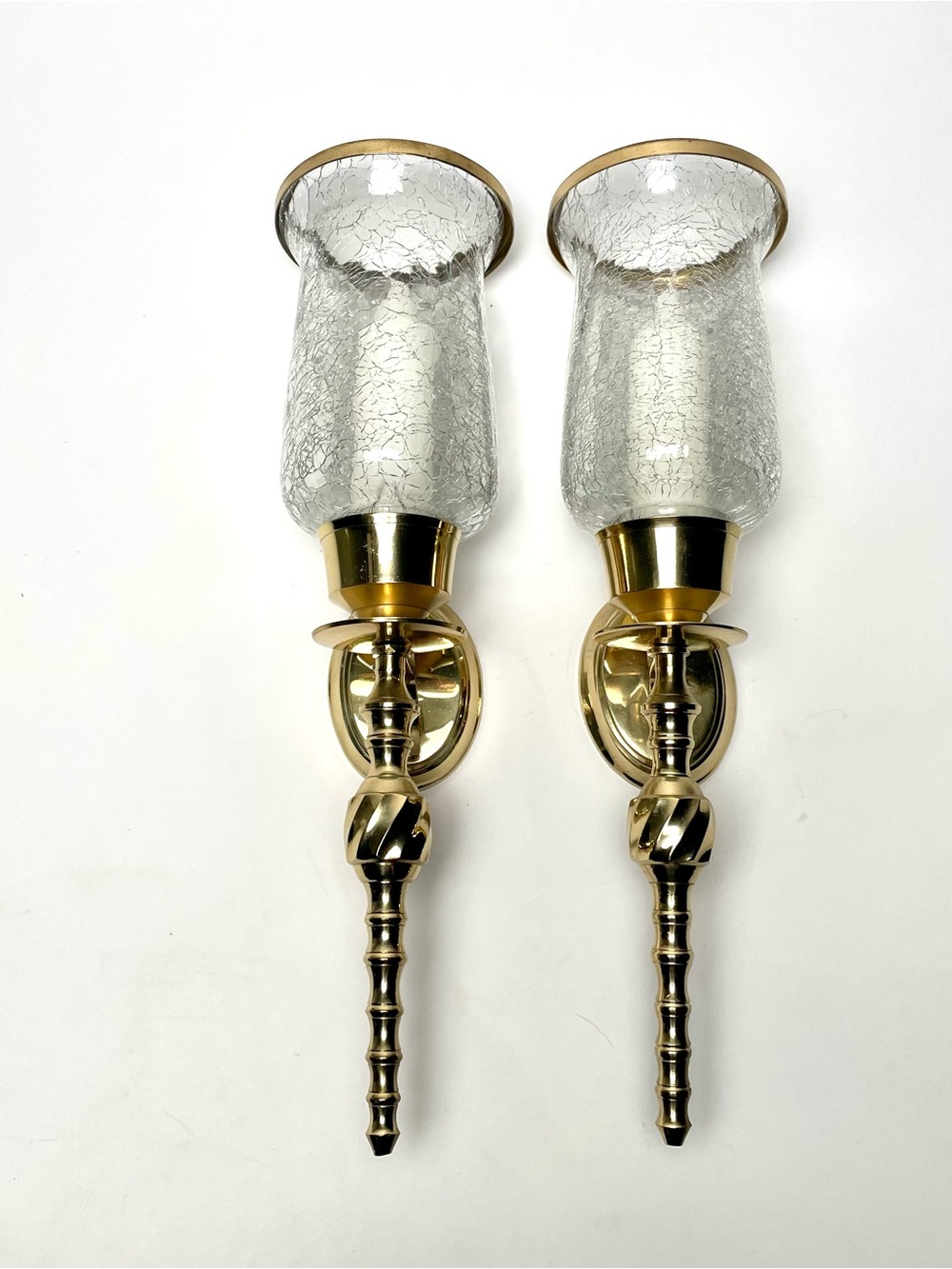 Vintage Pair Of Solid Brass Wall Sconces Crackle Glass Shades Mid Century, India